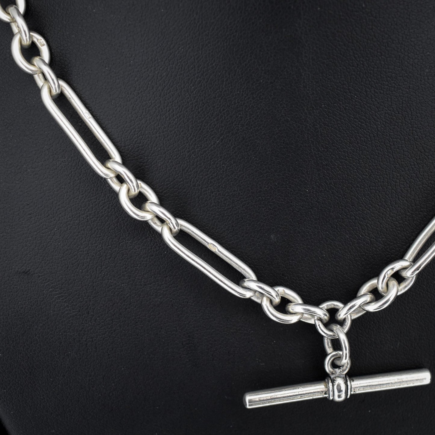 Antique Sterling Silver Trombone Watch Chain with Double Dog Clip and T Bar | 16.75"