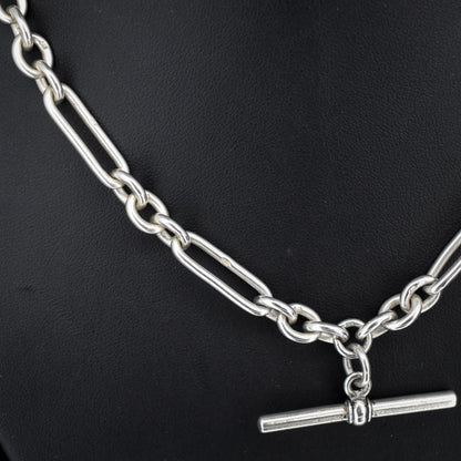 Antique Sterling Silver Trombone Watch Chain with Double Dog Clip and T Bar | 16.75"