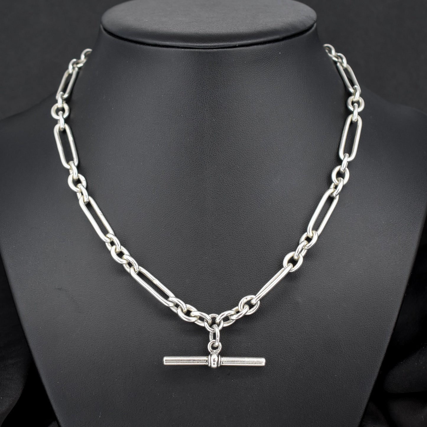 Antique Sterling Silver Trombone Watch Chain with Double Dog Clip and T Bar | 16.75"