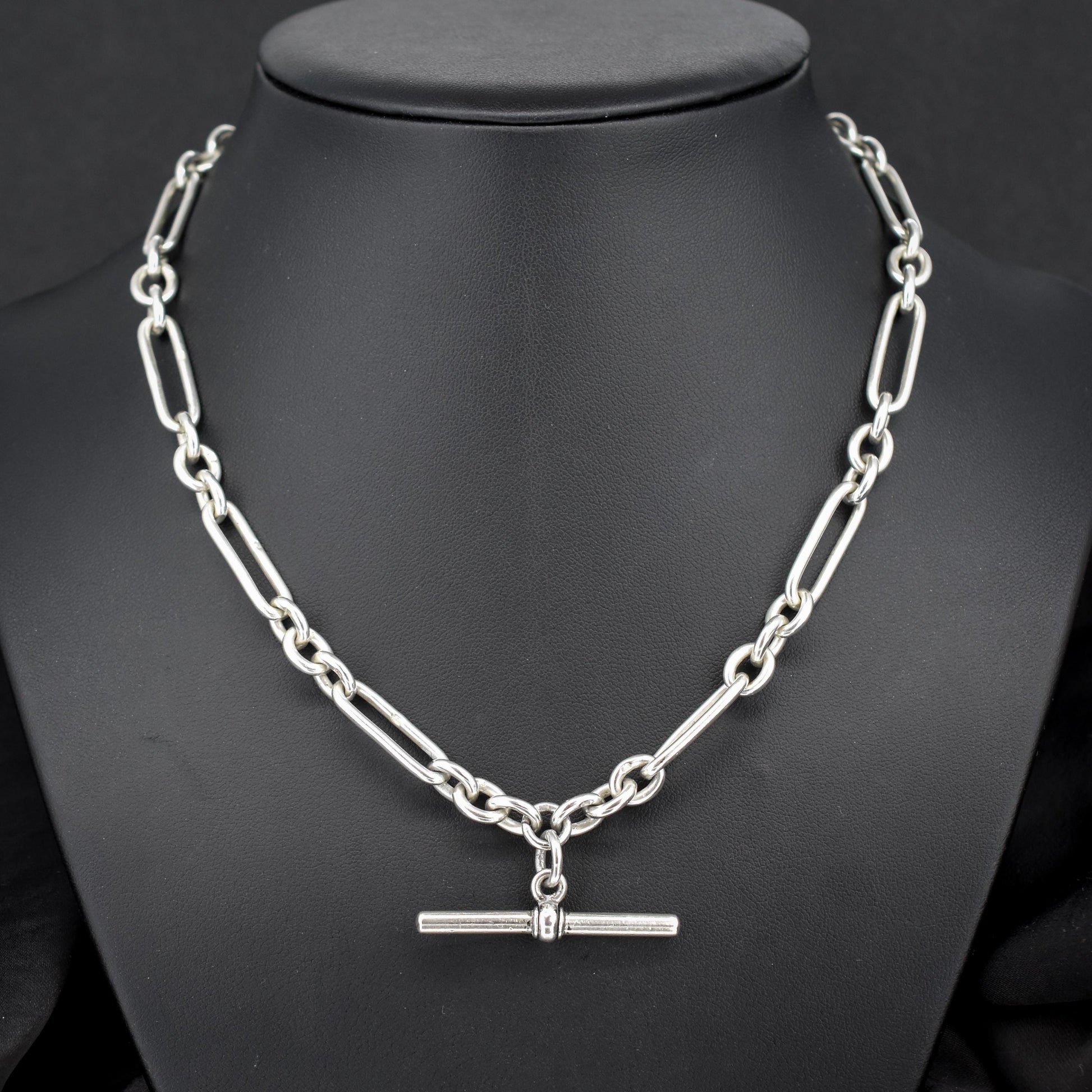 Antique Sterling Silver Trombone Watch Chain with Double Dog Clip and T Bar | 16.75"