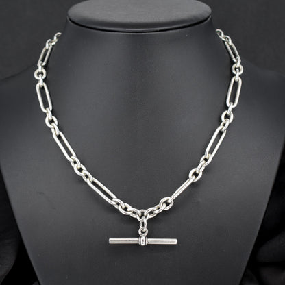 Antique Sterling Silver Trombone Watch Chain with Double Dog Clip and T Bar | 16.75"