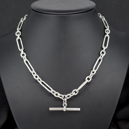 Antique Sterling Silver Trombone Watch Chain with Double Dog Clip and T Bar | 16.75"