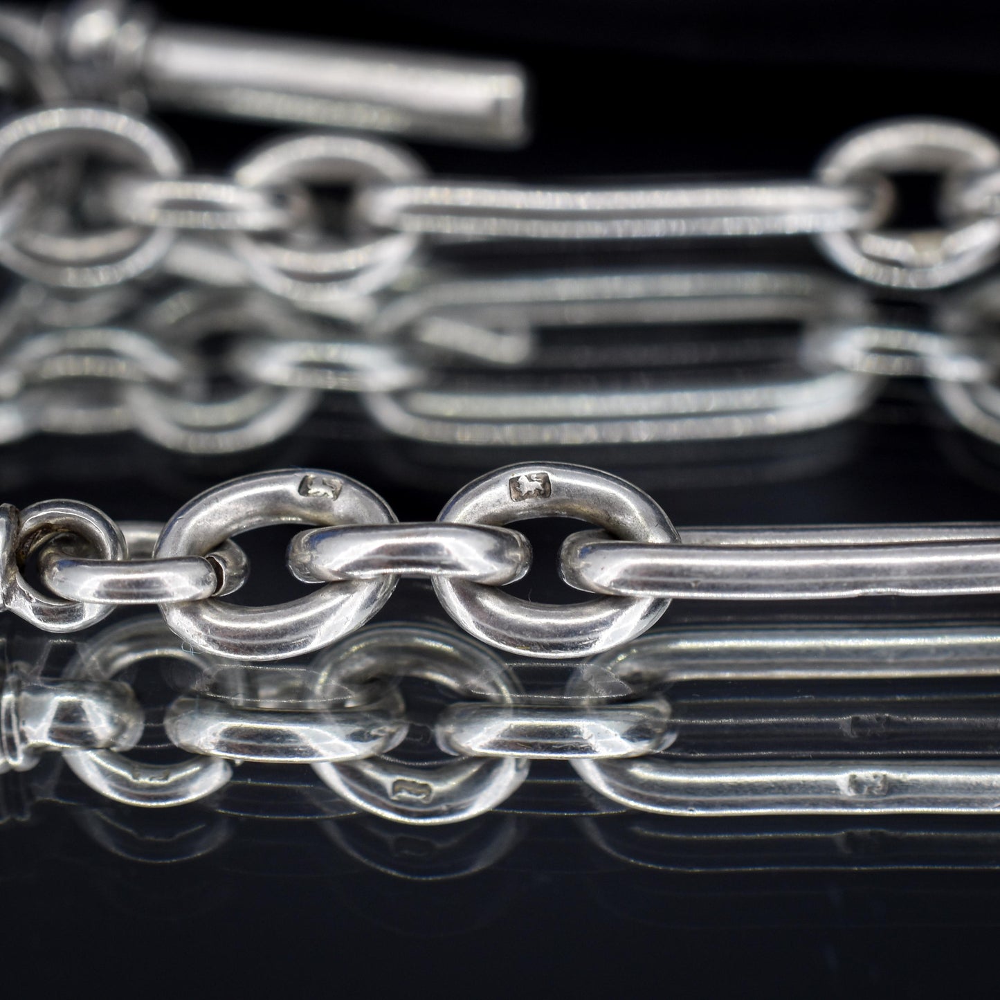 Antique Sterling Silver Trombone Watch Chain with Double Dog Clip and T Bar | 16.75"