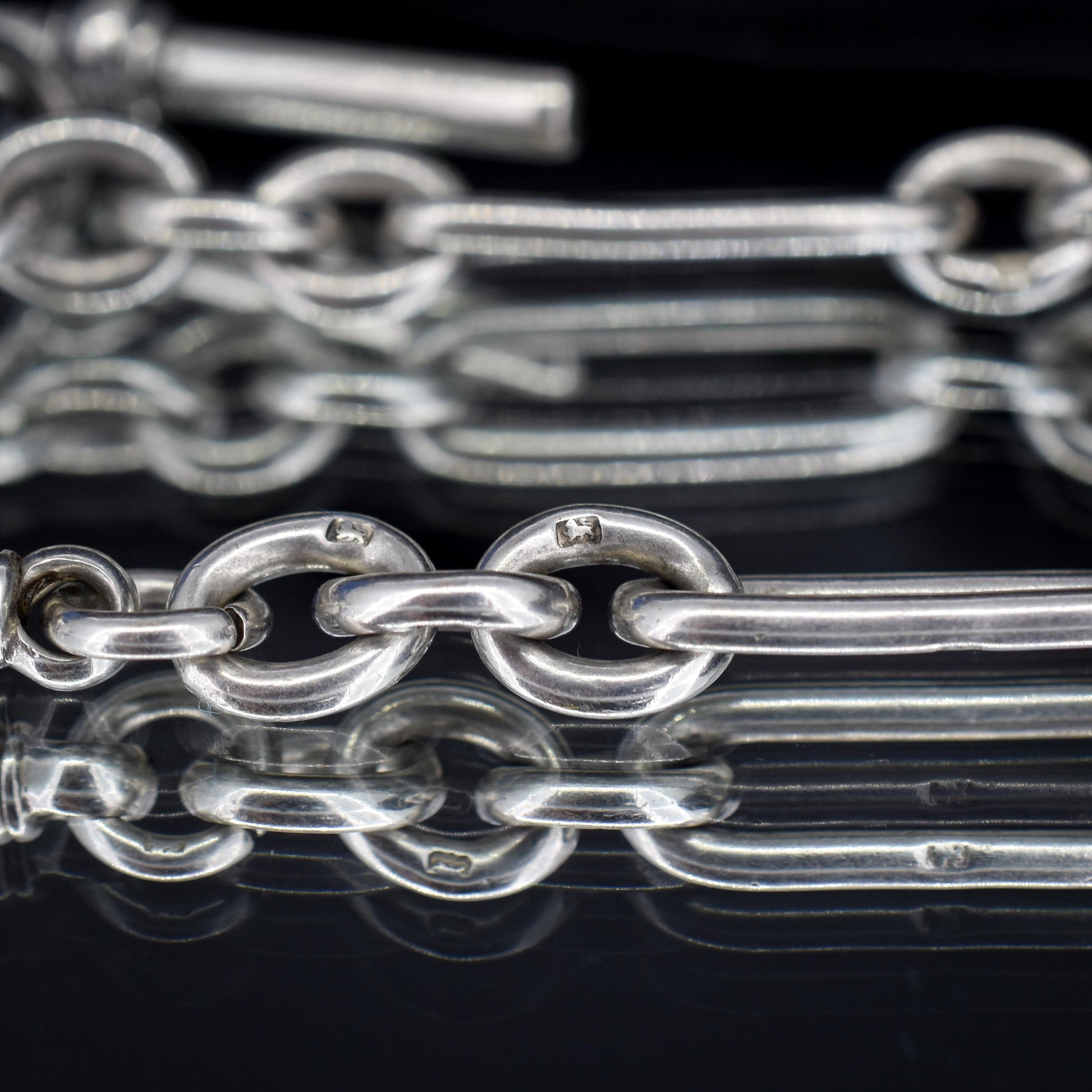 Antique Sterling Silver Trombone Watch Chain with Double Dog Clip and T Bar | 16.75"