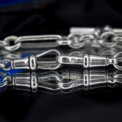 Antique Sterling Silver Trombone Watch Chain with Double Dog Clip and T Bar | 16.75"