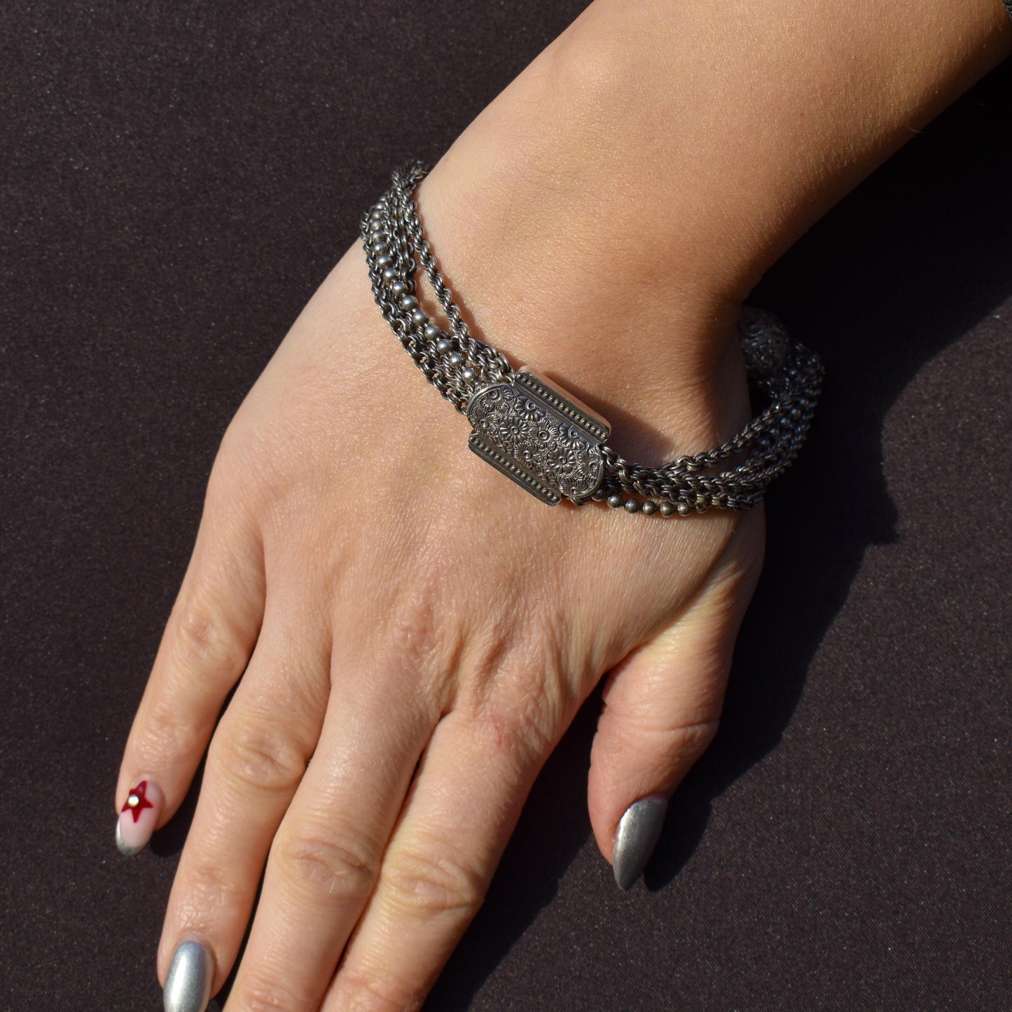 Antique Silver Multi-Strand Large Albertina Albert Chain Bracelet | 8.5"