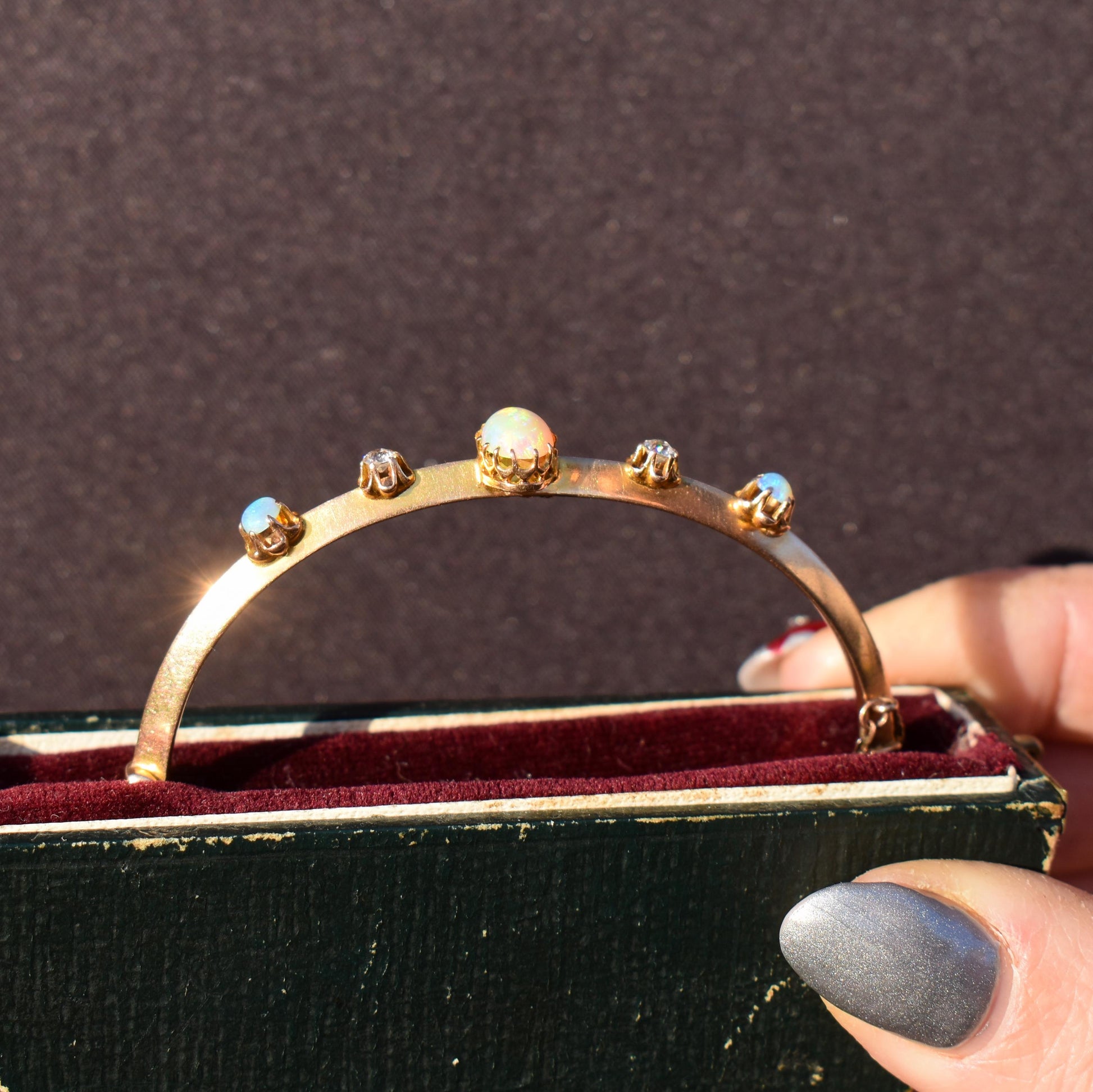 Antique 15ct Gold Victorian Opal and Old Cut Diamond Bangle Bracelet