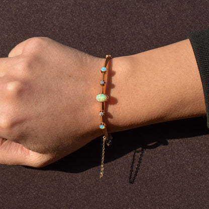 Antique 15ct Gold Victorian Opal and Old Cut Diamond Bangle Bracelet