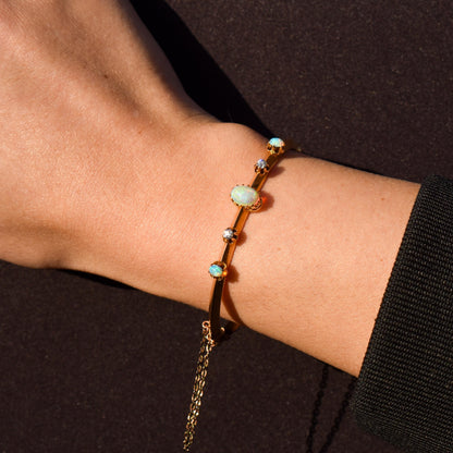 Antique 15ct Gold Victorian Opal and Old Cut Diamond Bangle Bracelet