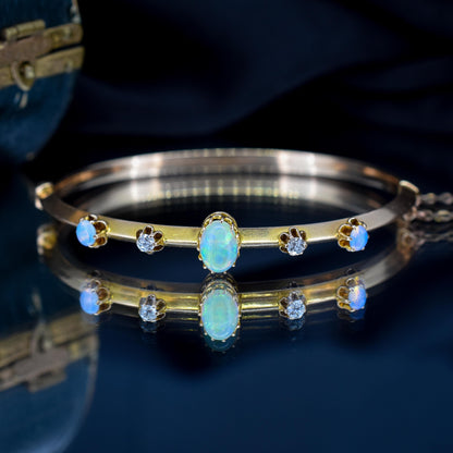 Antique 15ct Gold Victorian Opal and Old Cut Diamond Bangle Bracelet