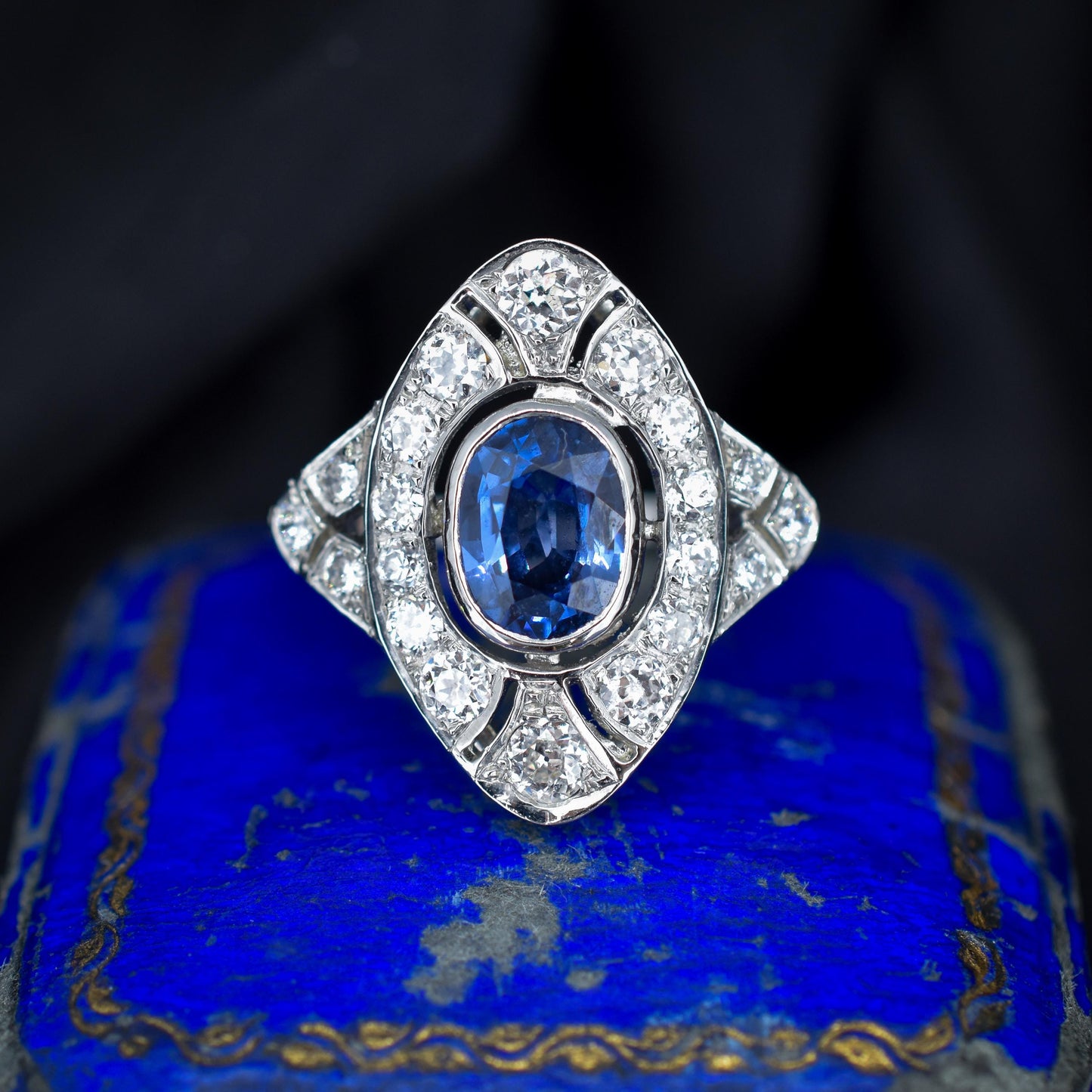 Art Deco Style Blue Sapphire and Diamond Halo Platinum Ring