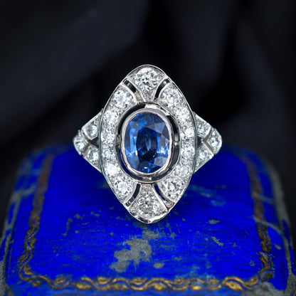 Art Deco Style Blue Sapphire and Diamond Halo Platinum Ring