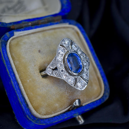 Art Deco Style Blue Sapphire and Diamond Halo Platinum Ring