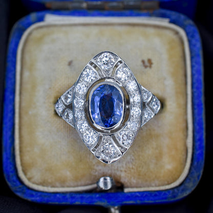Art Deco Style Blue Sapphire and Diamond Halo Platinum Ring
