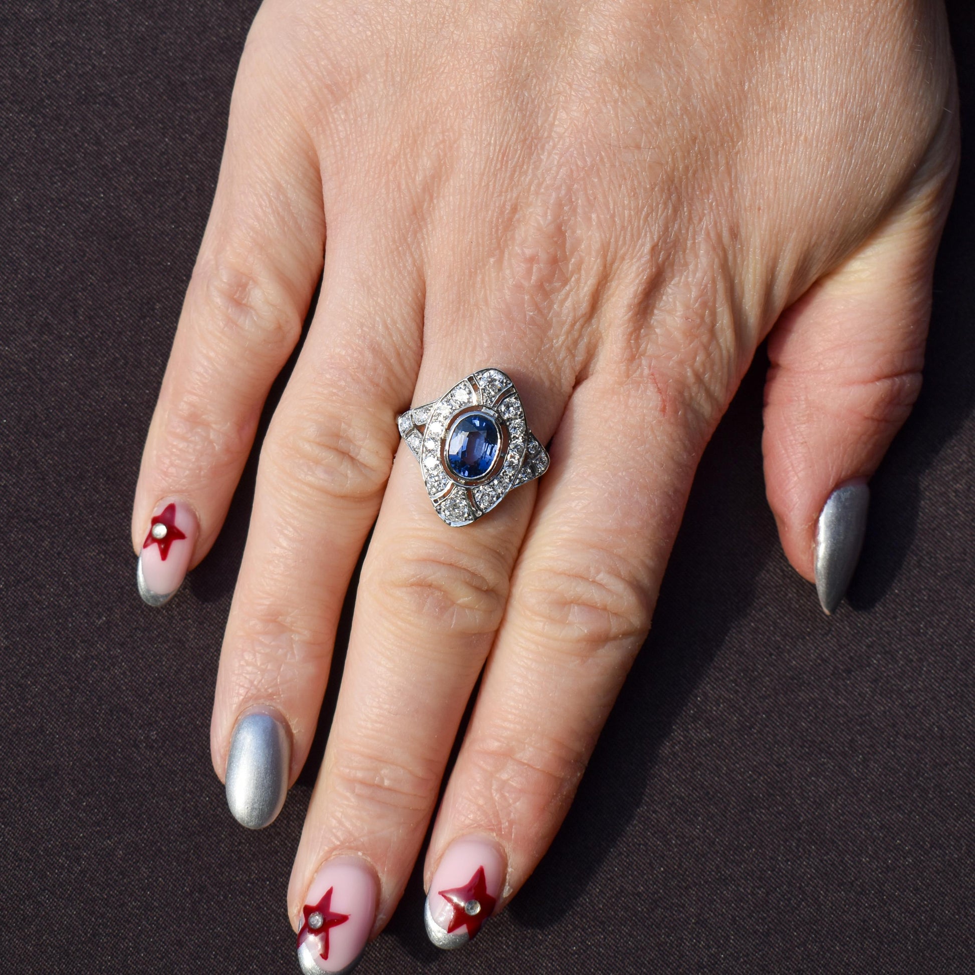 Art Deco Style Blue Sapphire and Diamond Halo Platinum Ring