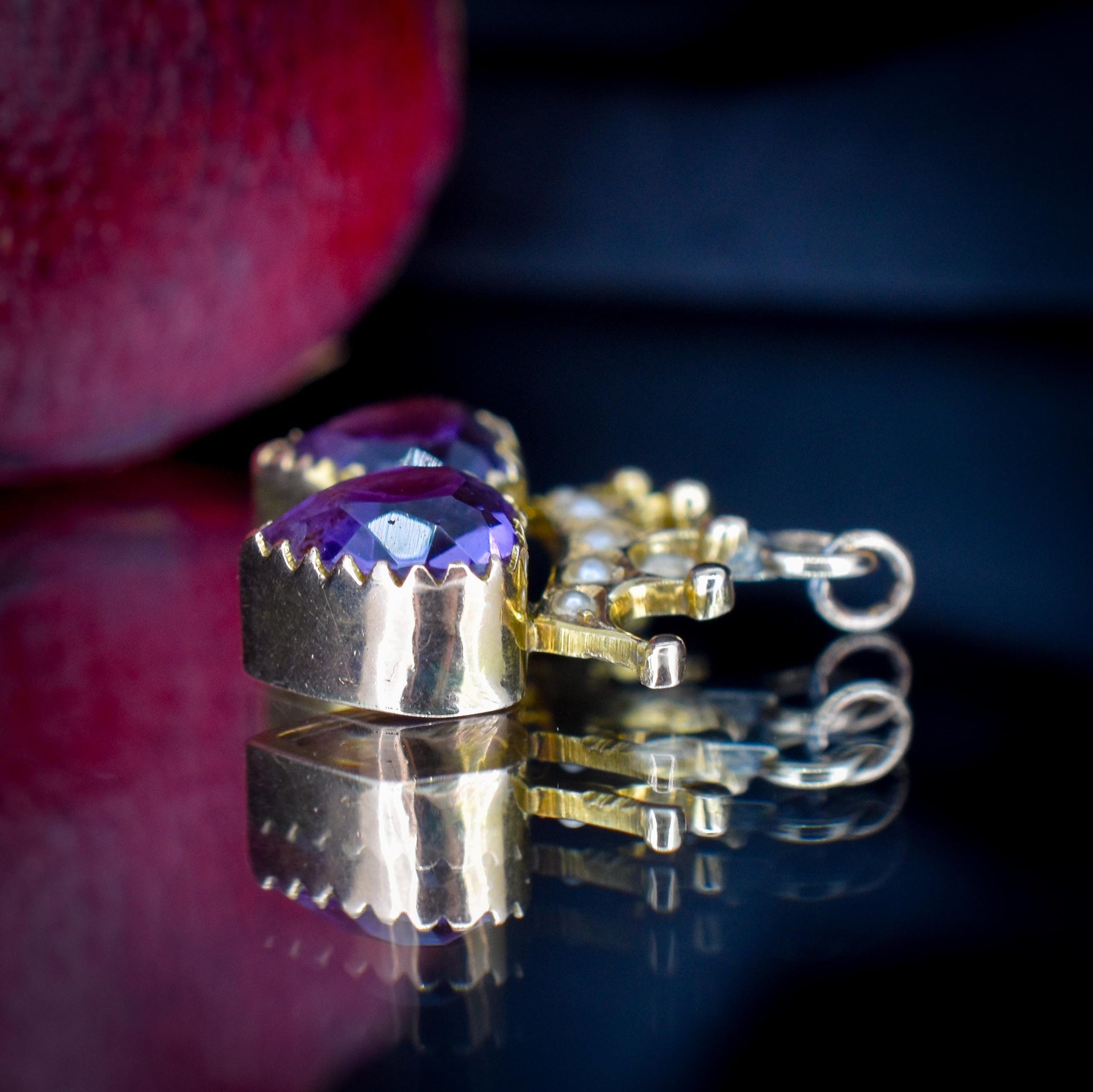 Antique Amethyst and Pearl Double Heart Crown Gold Charm Pendant