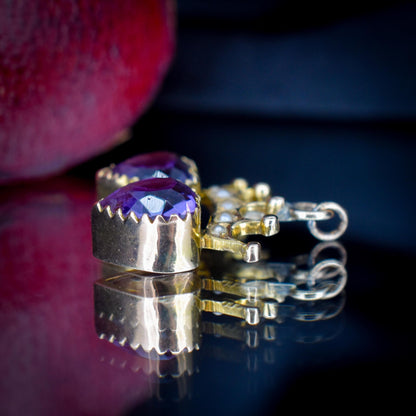 Antique Amethyst and Pearl Double Heart Crown Gold Charm Pendant