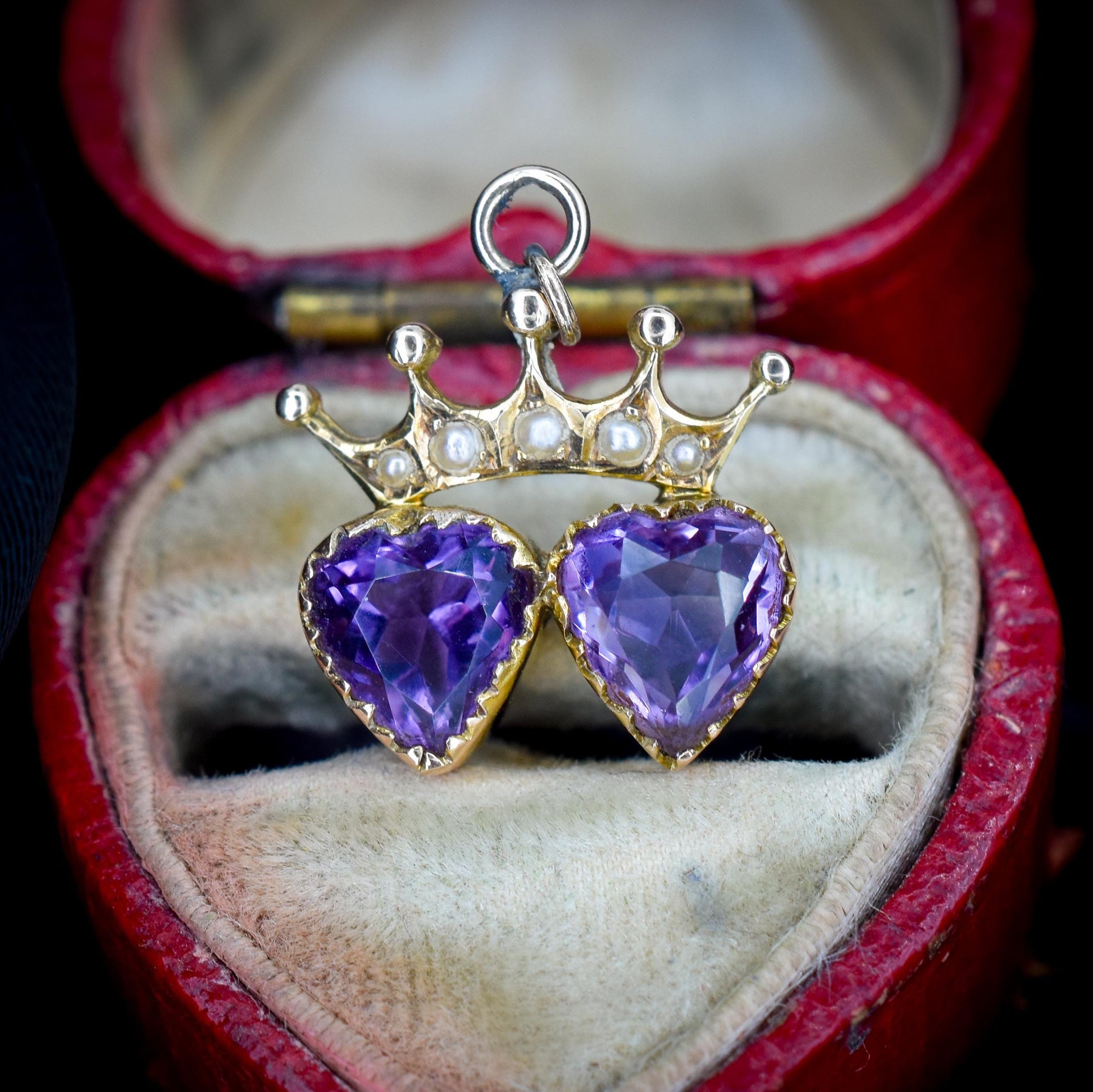 Antique Amethyst and Pearl Double Heart Crown Gold Charm Pendant