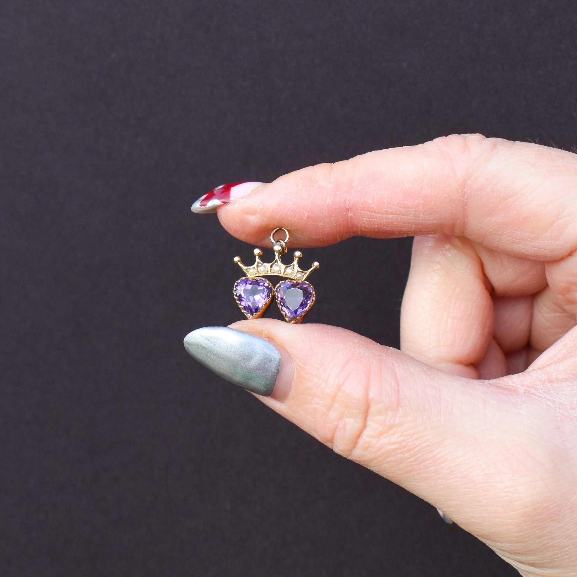 Antique Amethyst and Pearl Double Heart Crown Gold Charm Pendant