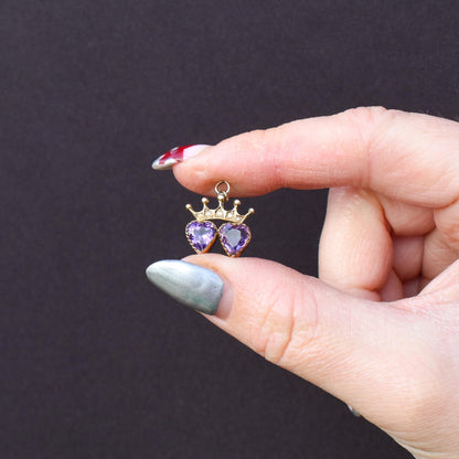 Antique Amethyst and Pearl Double Heart Crown Gold Charm Pendant