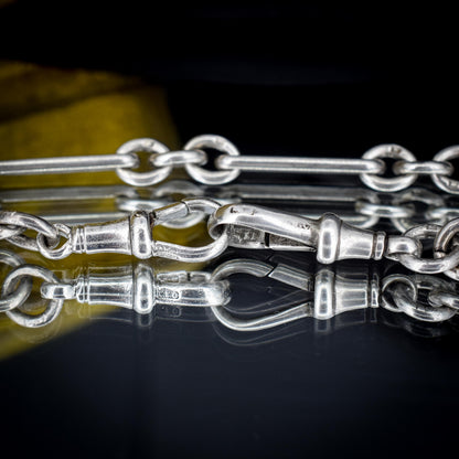 Antique Sterling Silver Trombone Watch Chain with Dog Clips and T Bar | 13.75"