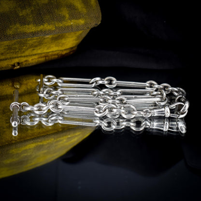 Antique Sterling Silver Trombone Watch Chain with Dog Clips and T Bar | 13.75"