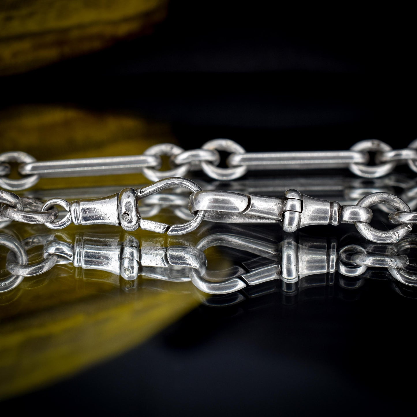 Antique Sterling Silver Trombone Watch Chain with Dog Clips and T Bar | 13.75"