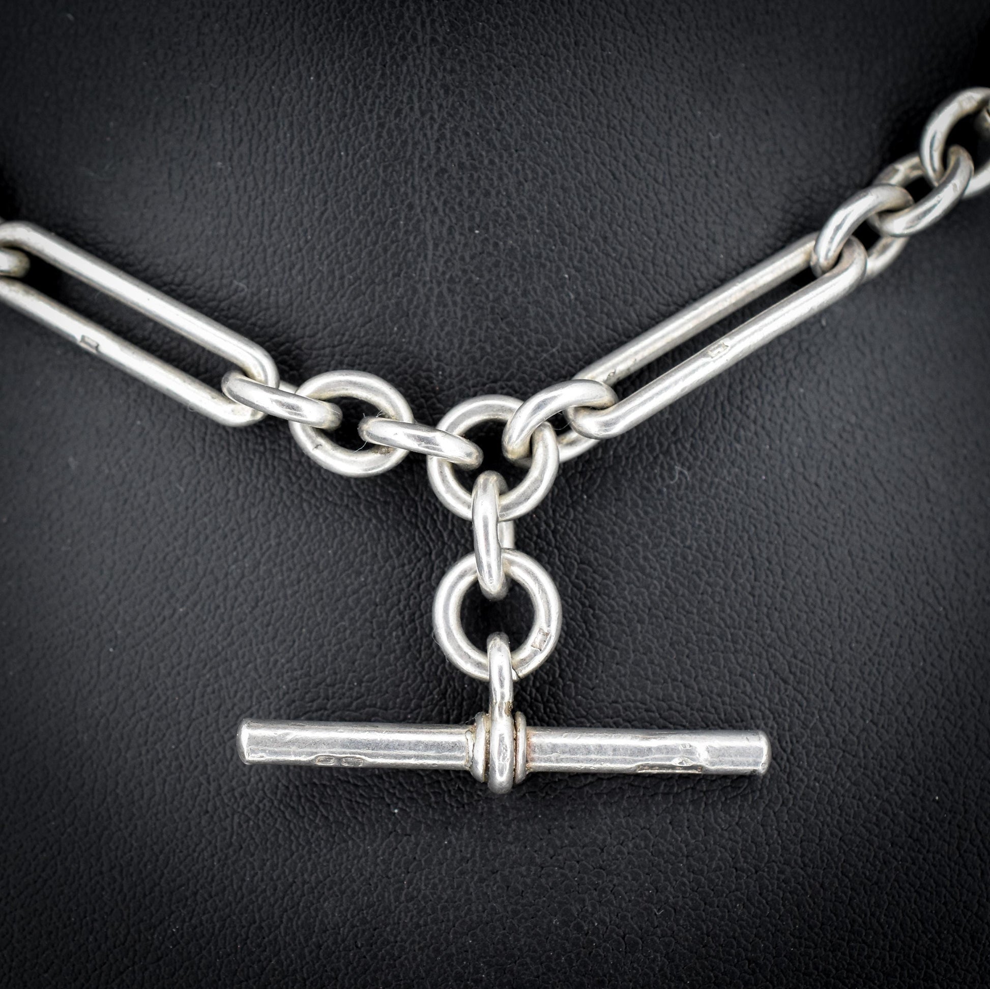 Antique Sterling Silver Trombone Watch Chain with Dog Clips and T Bar | 13.75"