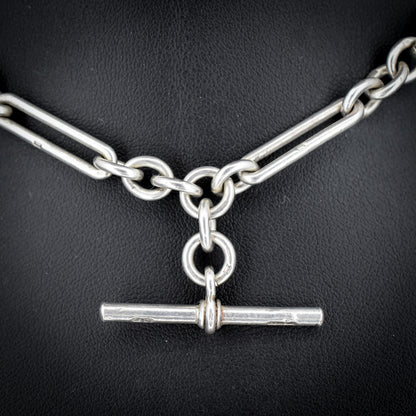 Antique Sterling Silver Trombone Watch Chain with Dog Clips and T Bar | 13.75"