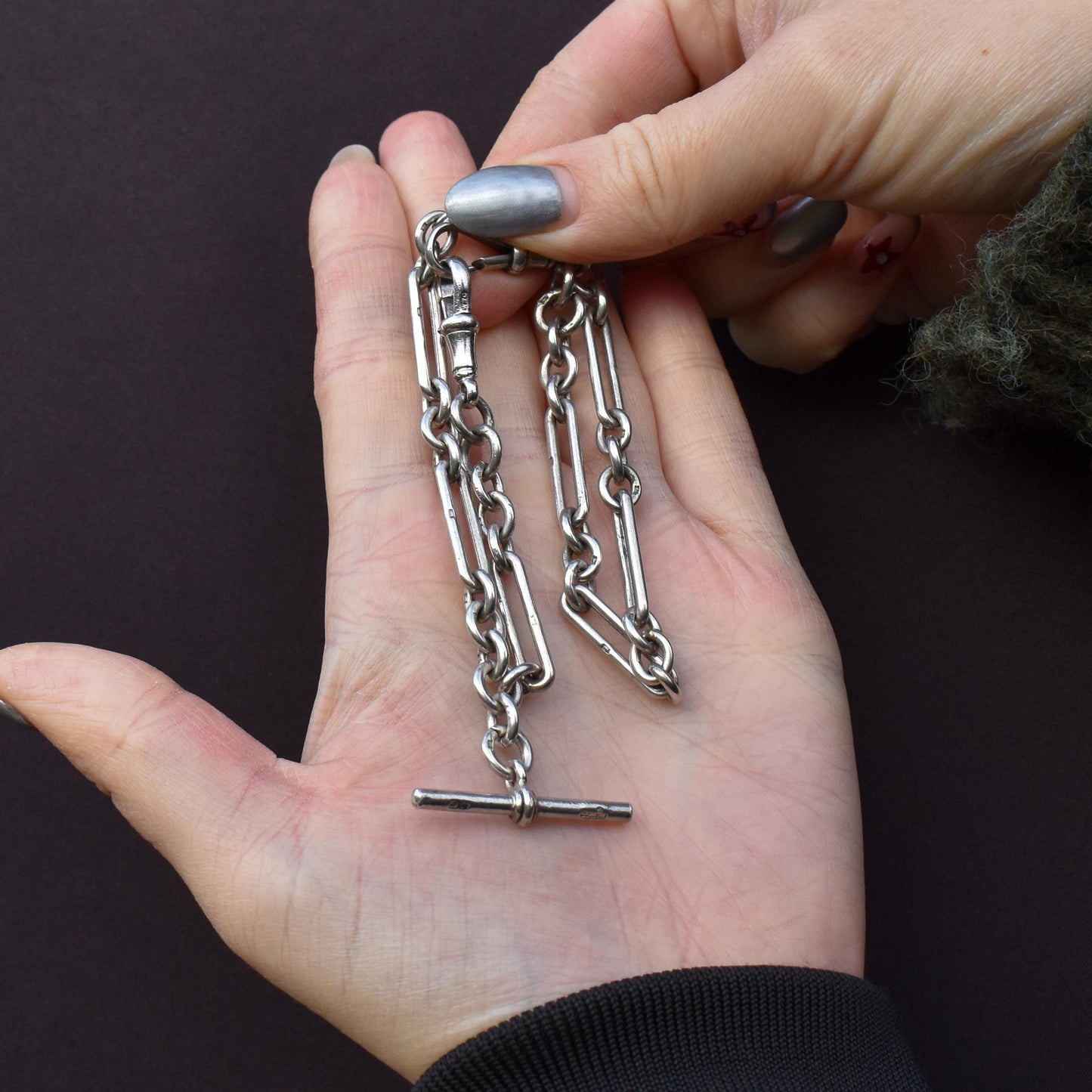 Antique Sterling Silver Trombone Watch Chain with Dog Clips and T Bar | 13.75"