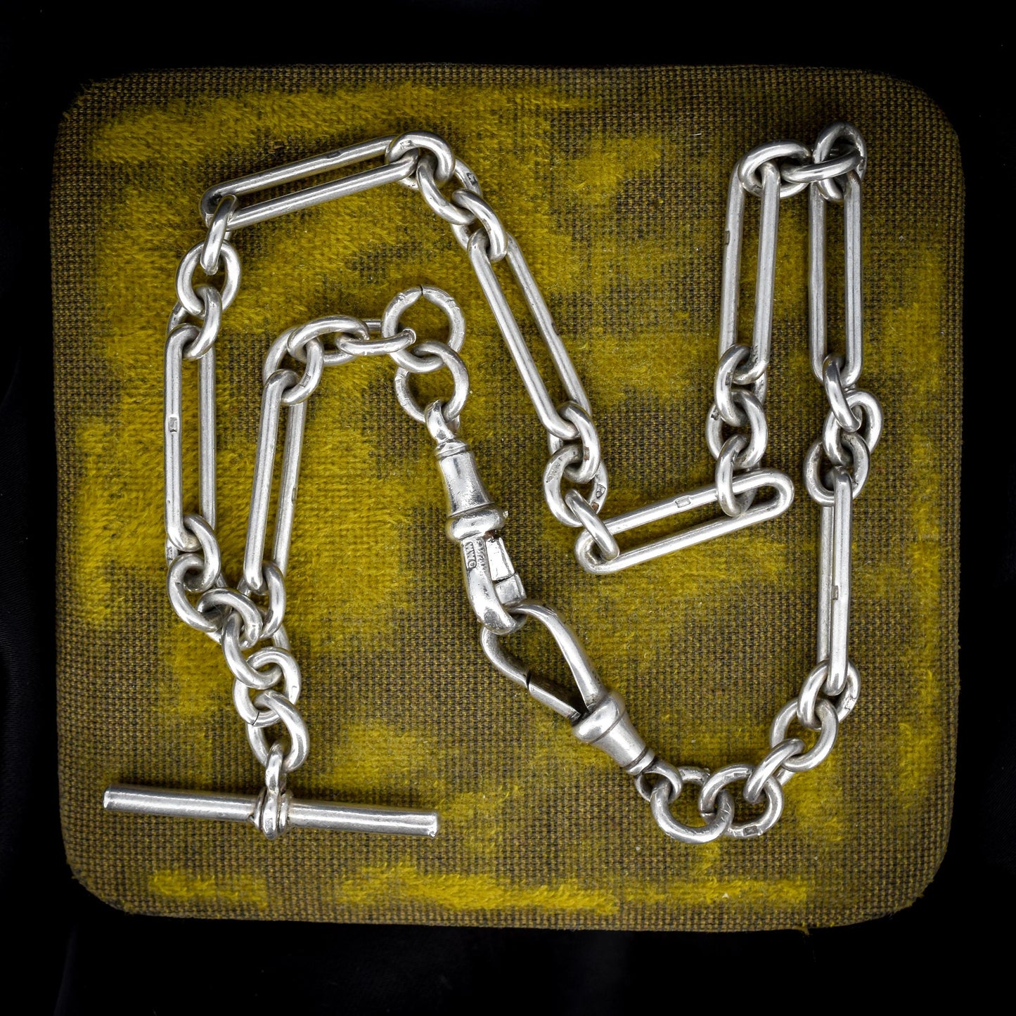 Antique Sterling Silver Trombone Watch Chain with Dog Clips and T Bar | 13.75"