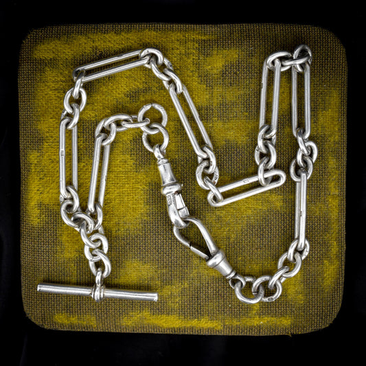 Antique Sterling Silver Trombone Watch Chain with Dog Clips and T Bar | 13.75"