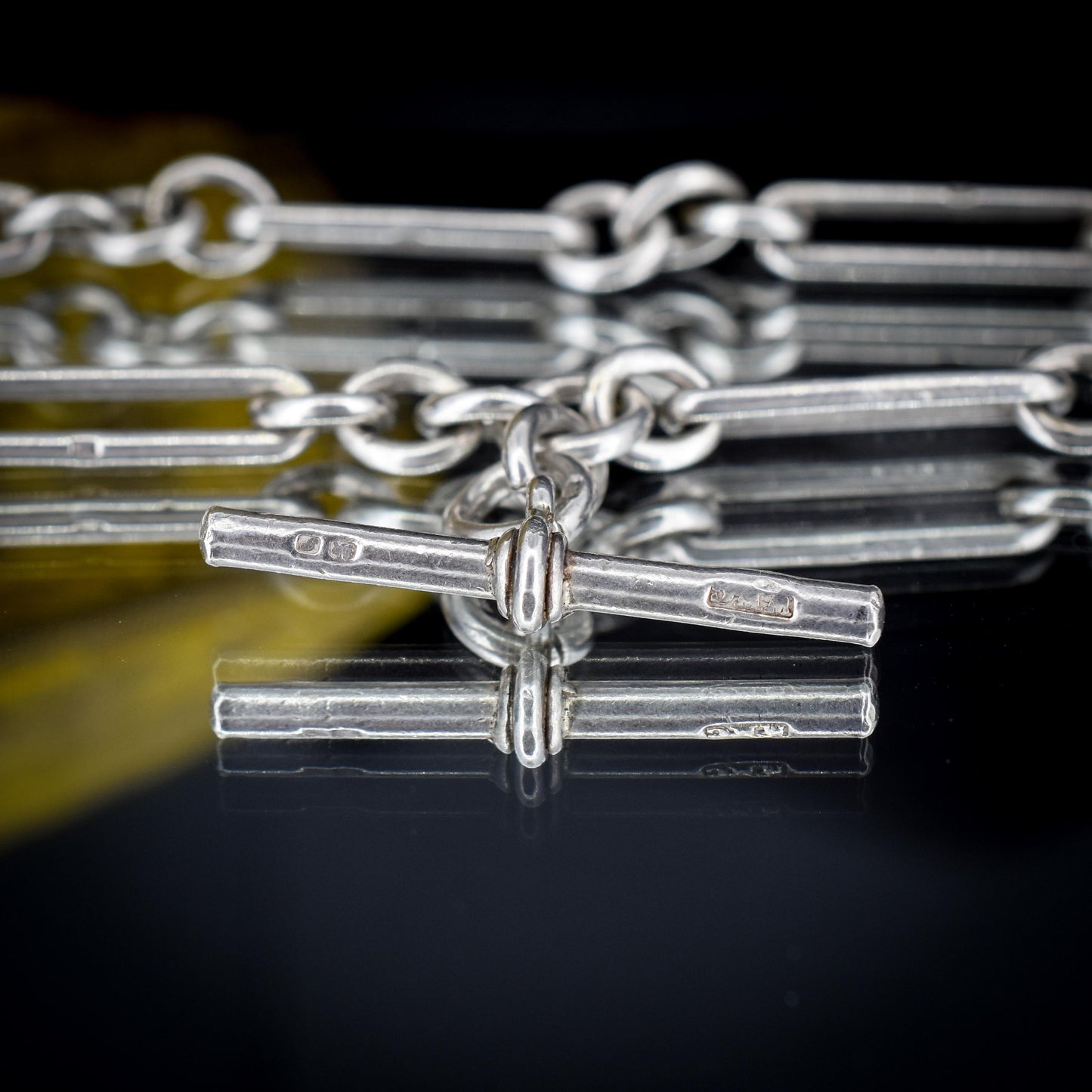 Antique Sterling Silver Trombone Watch Chain with Dog Clips and T Bar | 13.75"