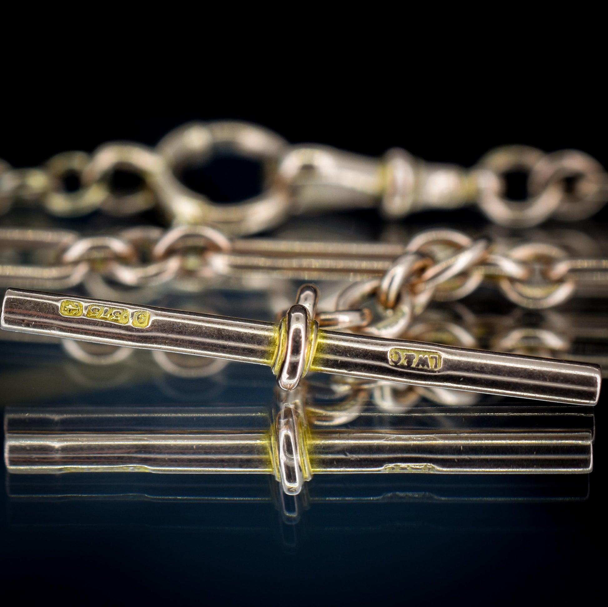 Antique '1924' 9ct Gold Trombone Chain Necklace with Dog Clip, Bolt Ring and T-bar | 15"