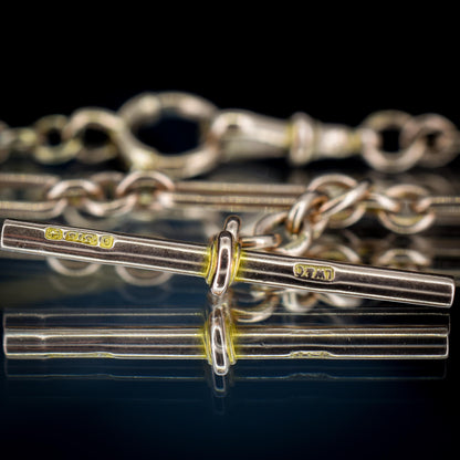 Antique '1924' 9ct Gold Trombone Chain Necklace with Dog Clip, Bolt Ring and T-bar | 15"