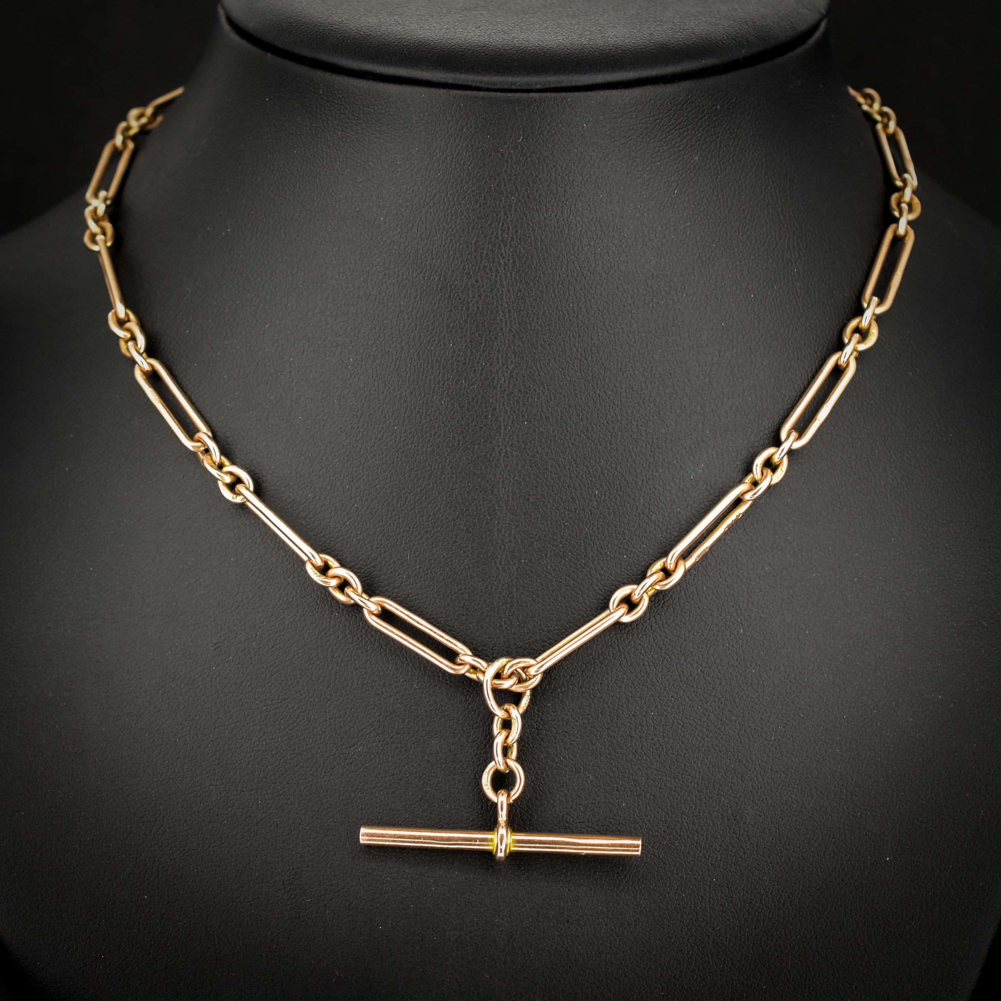 Antique '1924' 9ct Gold Trombone Chain Necklace with Dog Clip, Bolt Ring and T-bar | 15"