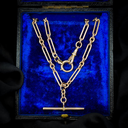 Antique '1924' 9ct Gold Trombone Chain Necklace with Dog Clip, Bolt Ring and T-bar | 15"