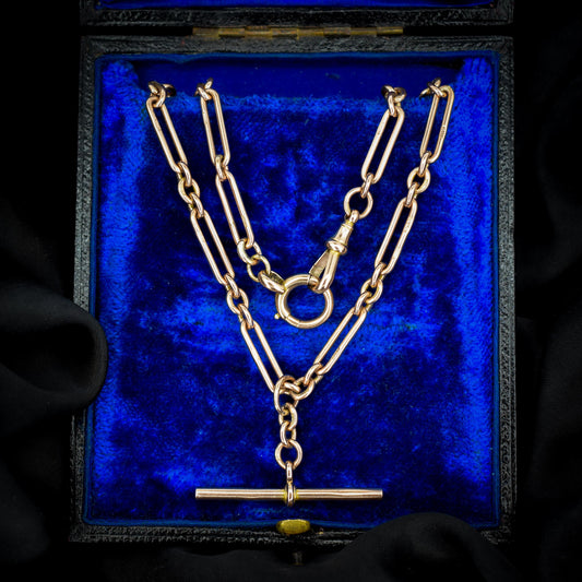 Antique '1924' 9ct Gold Trombone Chain Necklace with Dog Clip, Bolt Ring and T-bar | 15"