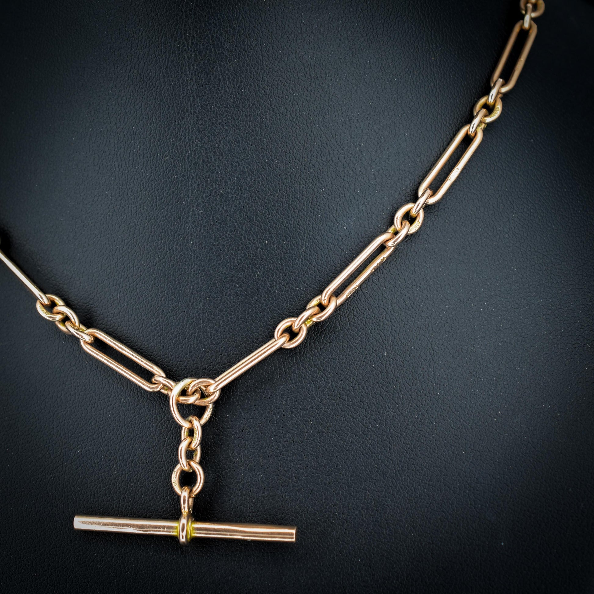Antique '1924' 9ct Gold Trombone Chain Necklace with Dog Clip, Bolt Ring and T-bar | 15"