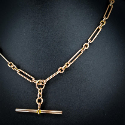 Antique '1924' 9ct Gold Trombone Chain Necklace with Dog Clip, Bolt Ring and T-bar | 15"