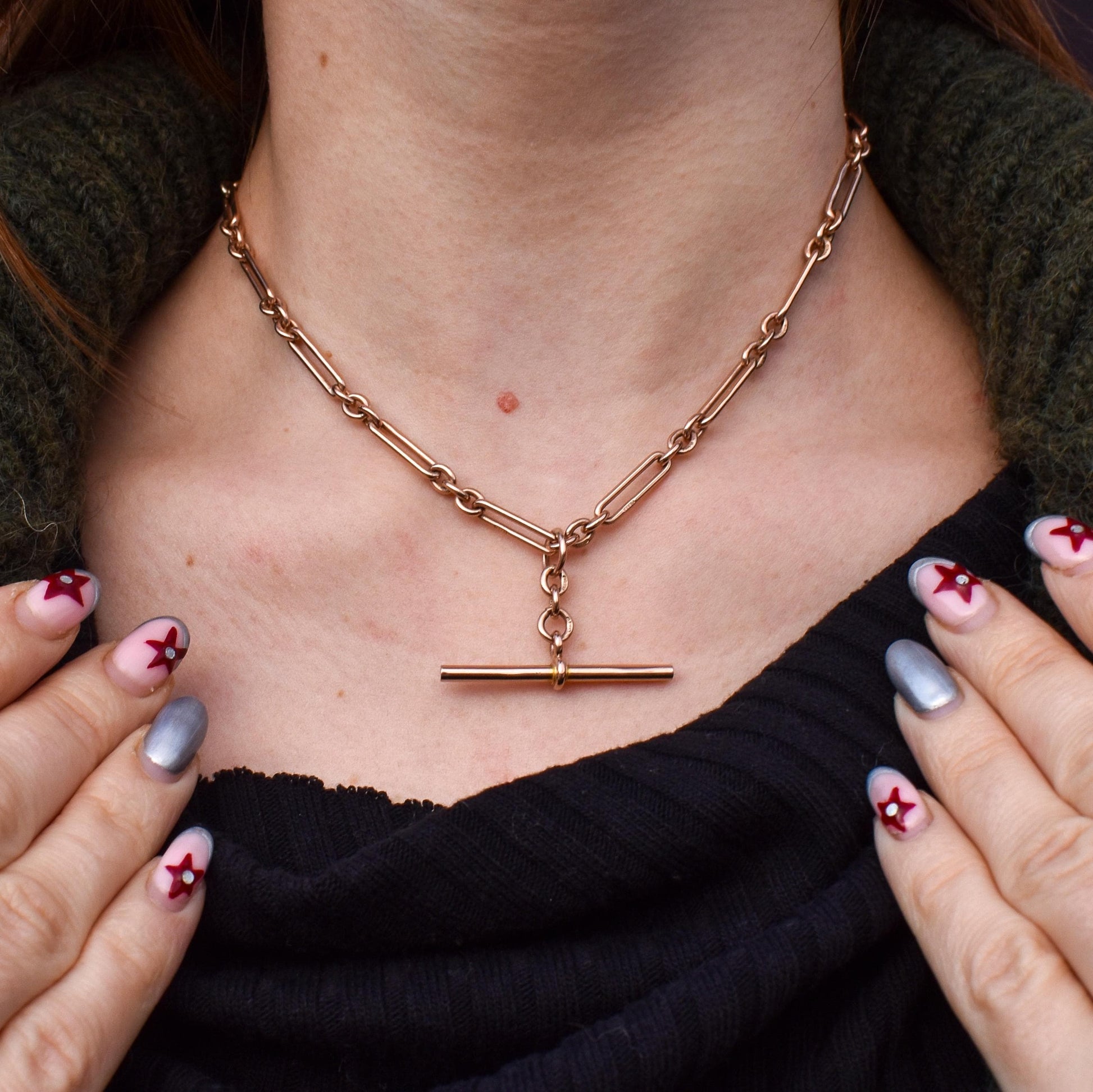 Antique '1924' 9ct Gold Trombone Chain Necklace with Dog Clip, Bolt Ring and T-bar | 15"