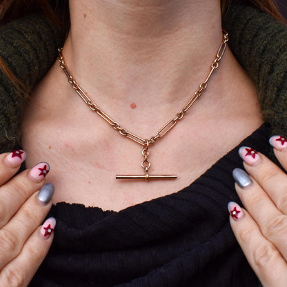 Antique '1924' 9ct Gold Trombone Chain Necklace with Dog Clip, Bolt Ring and T-bar | 15"