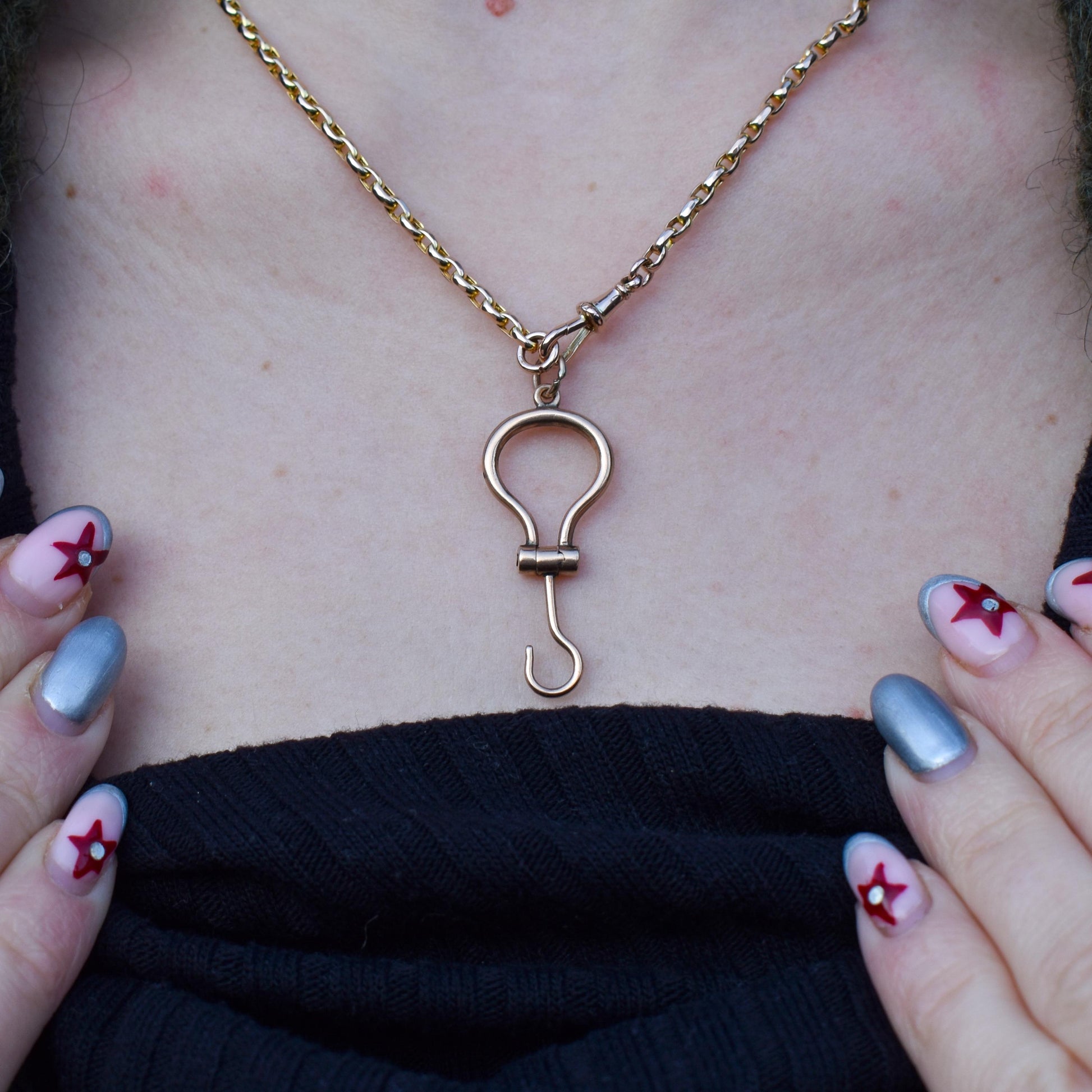 Antique Victorian 9ct Gold Folding Button Hook Pendant - Extender