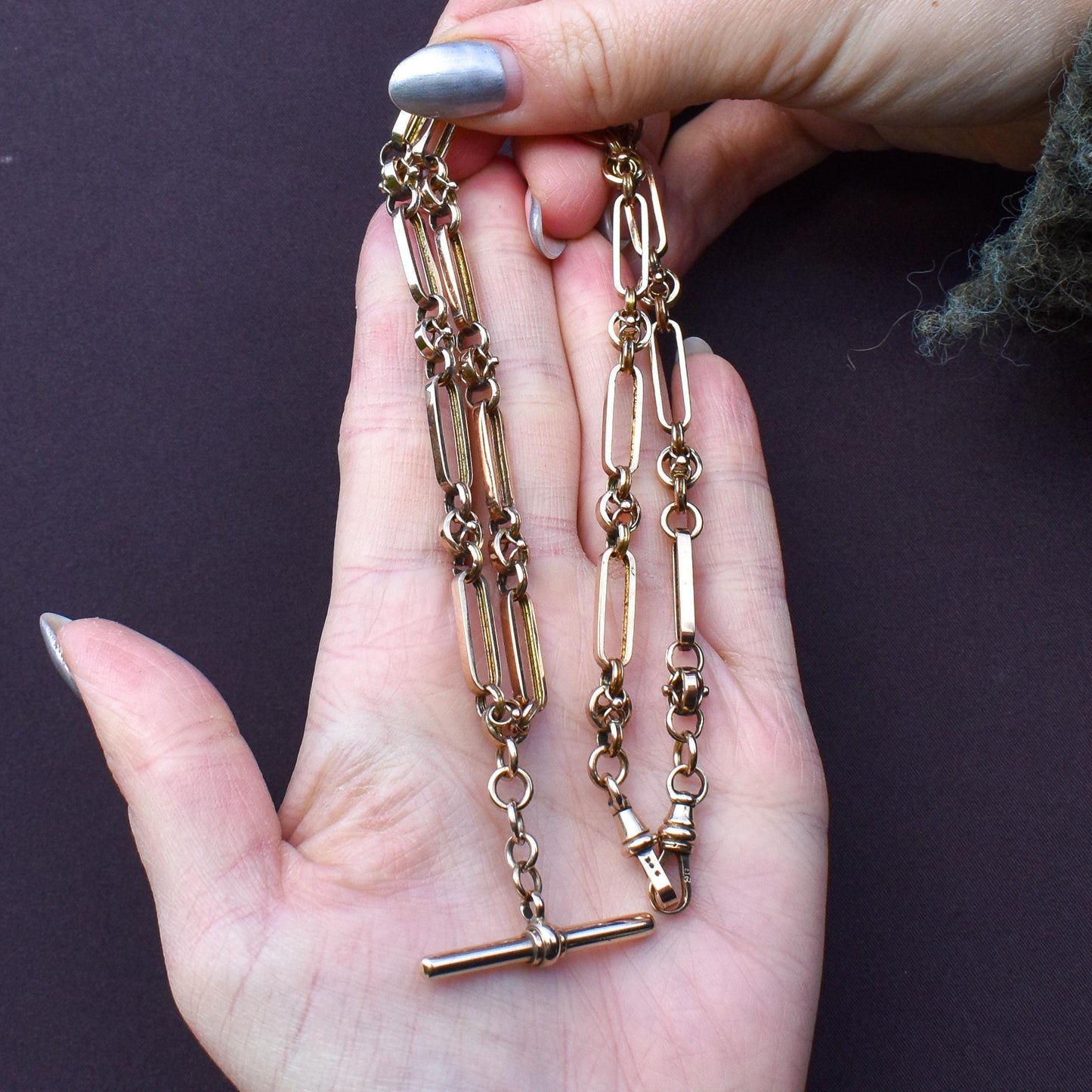 Antique 20.75" 9ct Gold Fancy Trombone Link Chain Necklace with Dog clips and T-bar