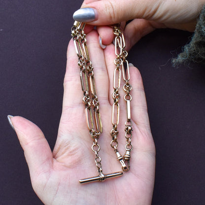 Antique 20.75" 9ct Gold Fancy Trombone Link Chain Necklace with Dog clips and T-bar