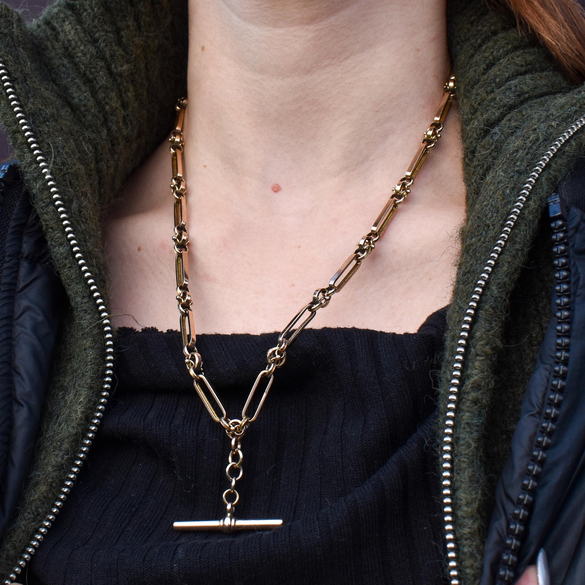 Antique 20.75" 9ct Gold Fancy Trombone Link Chain Necklace with Dog clips and T-bar