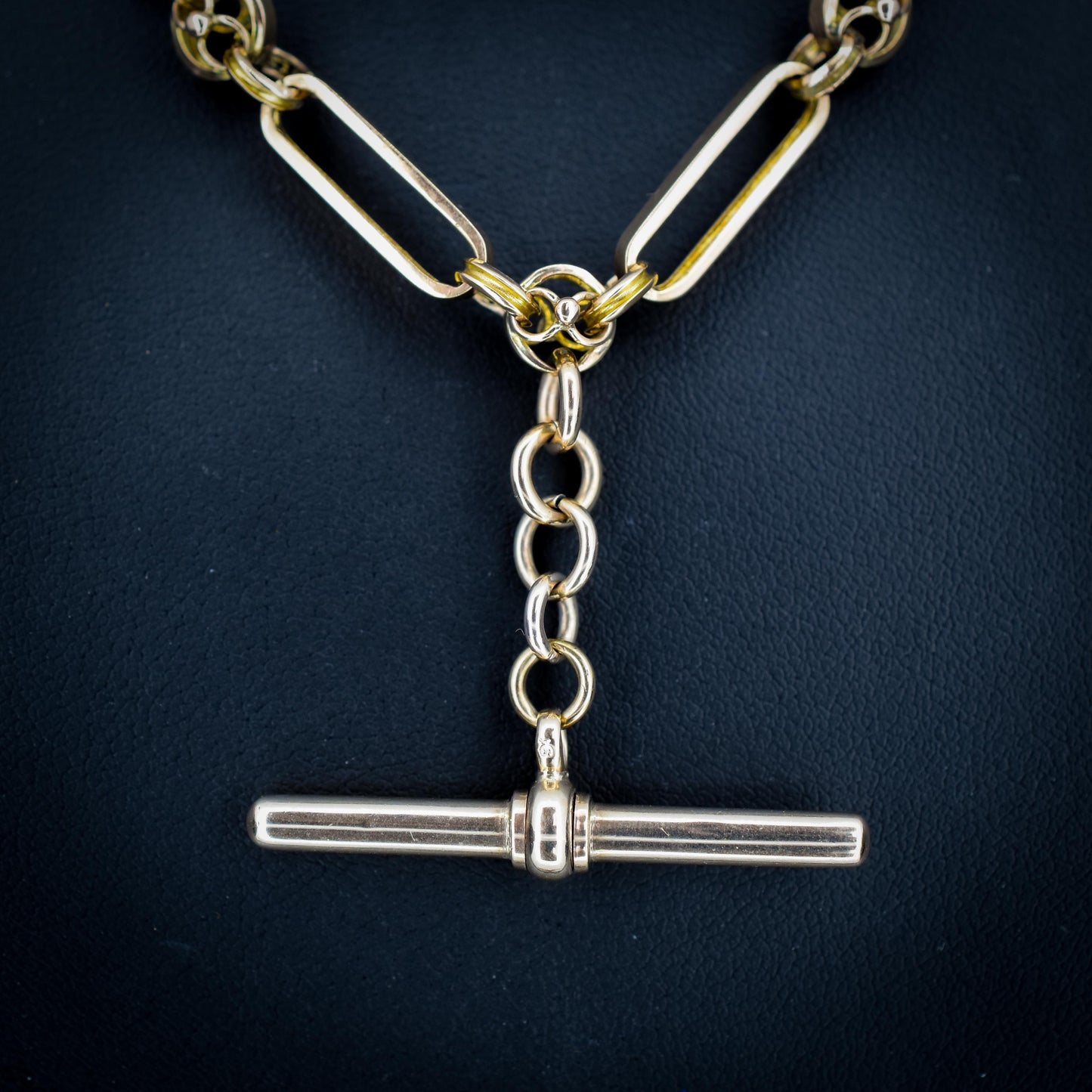 Antique 20.75" 9ct Gold Fancy Trombone Link Chain Necklace with Dog clips and T-bar