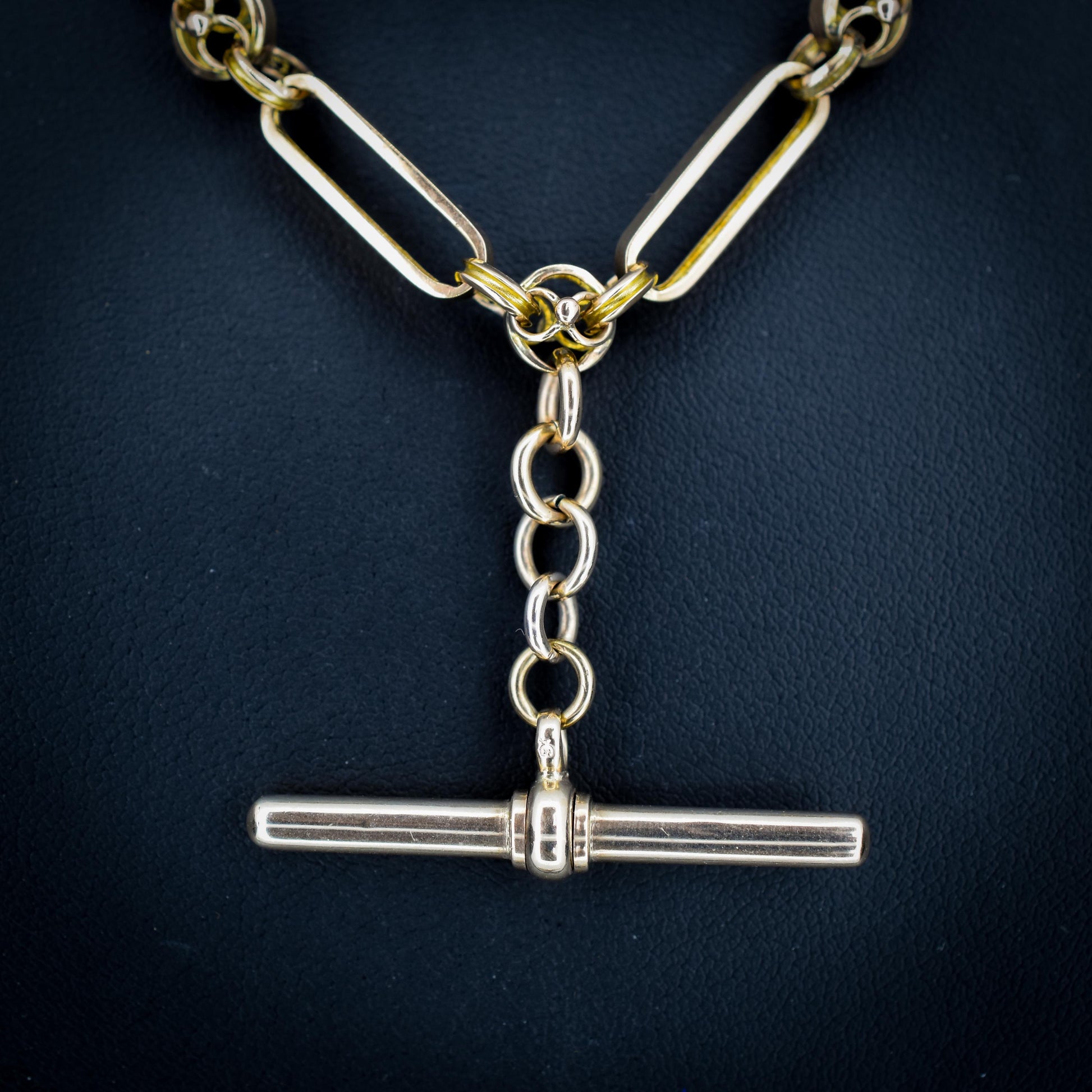 Antique 20.75" 9ct Gold Fancy Trombone Link Chain Necklace with Dog clips and T-bar