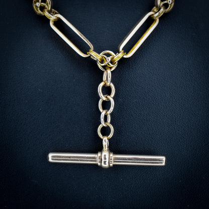 Antique 20.75" 9ct Gold Fancy Trombone Link Chain Necklace with Dog clips and T-bar