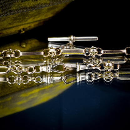 Antique 20.75" 9ct Gold Fancy Trombone Link Chain Necklace with Dog clips and T-bar